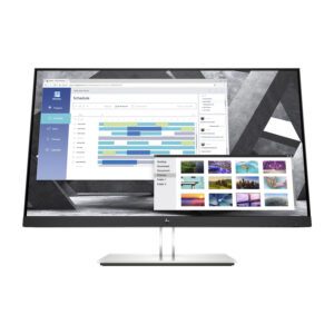 نمای روبروی مانیتور استوک HP E27q G4 با طراحی بدون حاشیه و پایه نقره‌ای